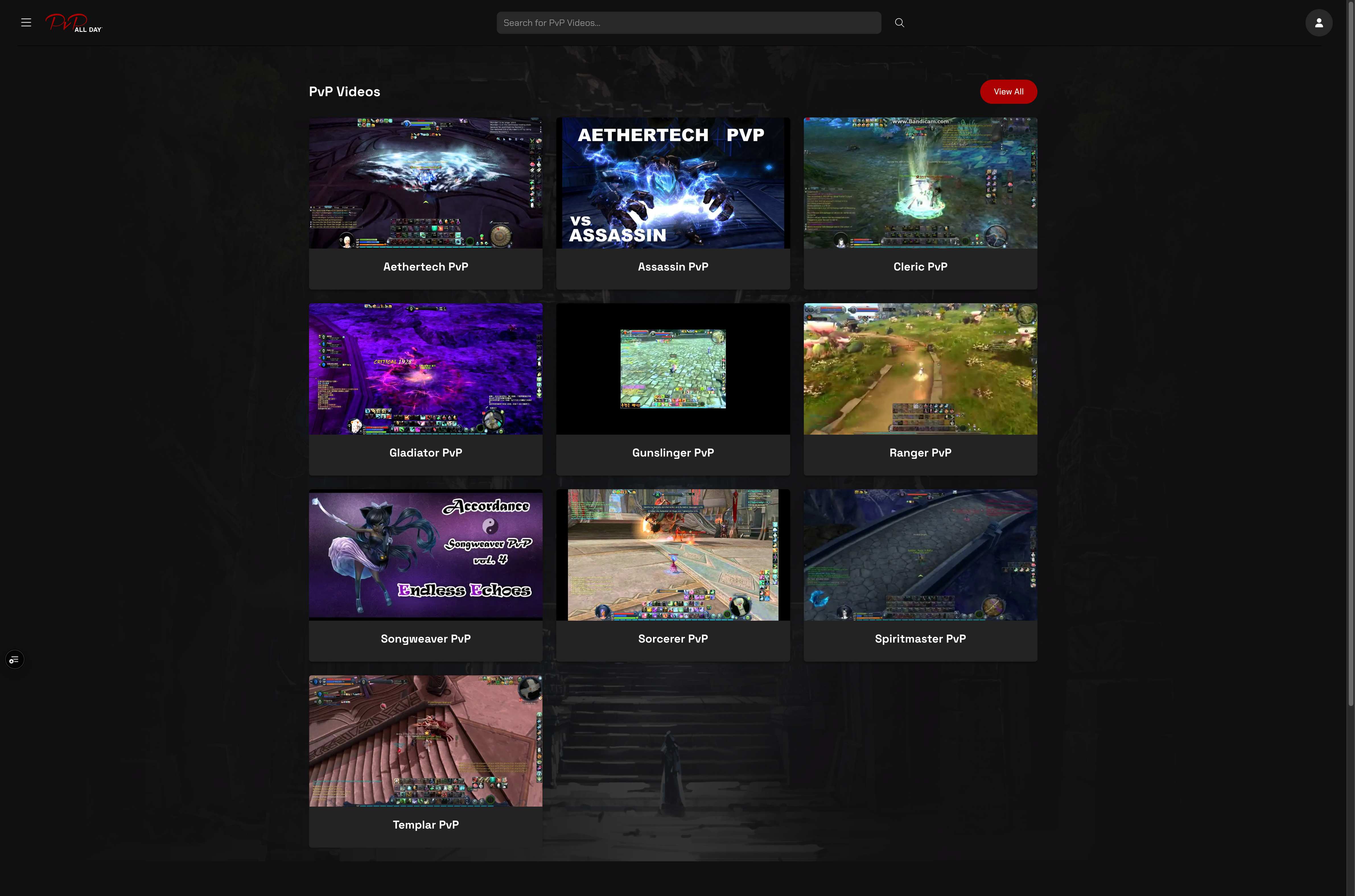 Screenshot of PvP All Day videos page showing various character class PvP videos