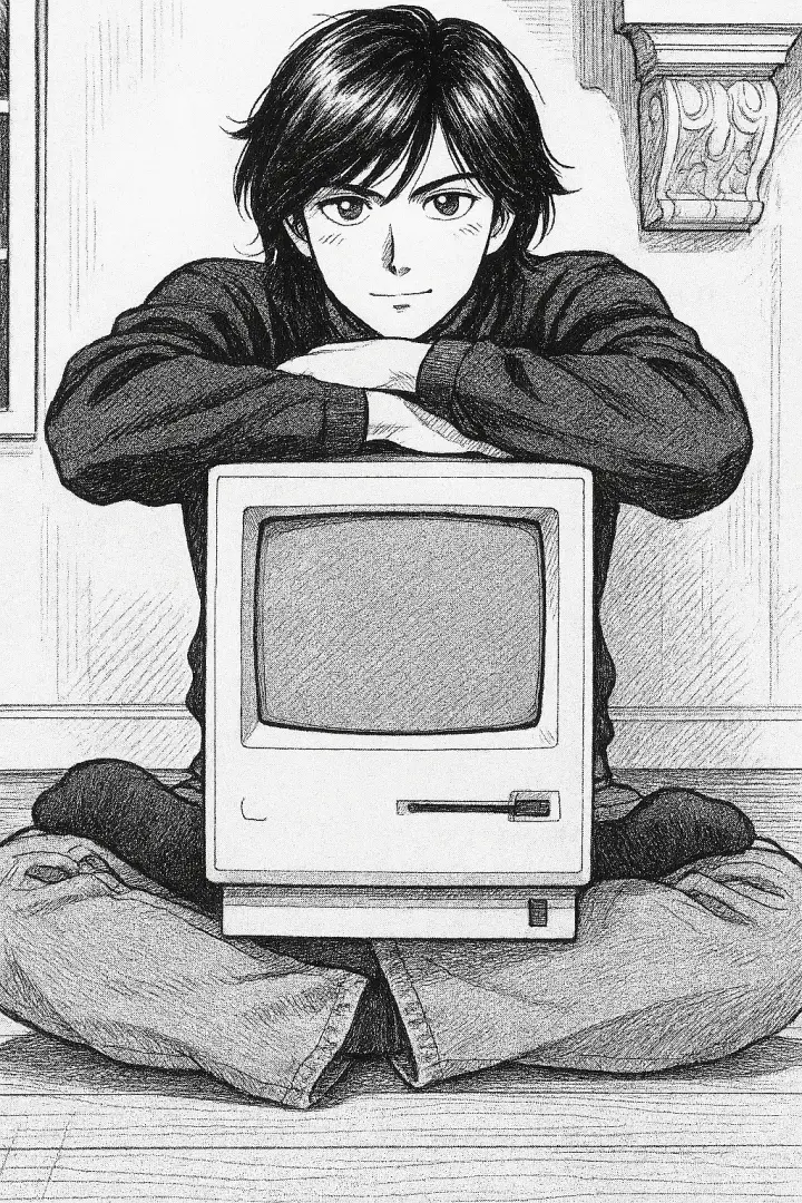 Illustration of Steve Jobs with an early Macintosh